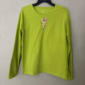 Women’s Kim Roger’s Long Sleeve Lime Green Top with Heart, Size XL